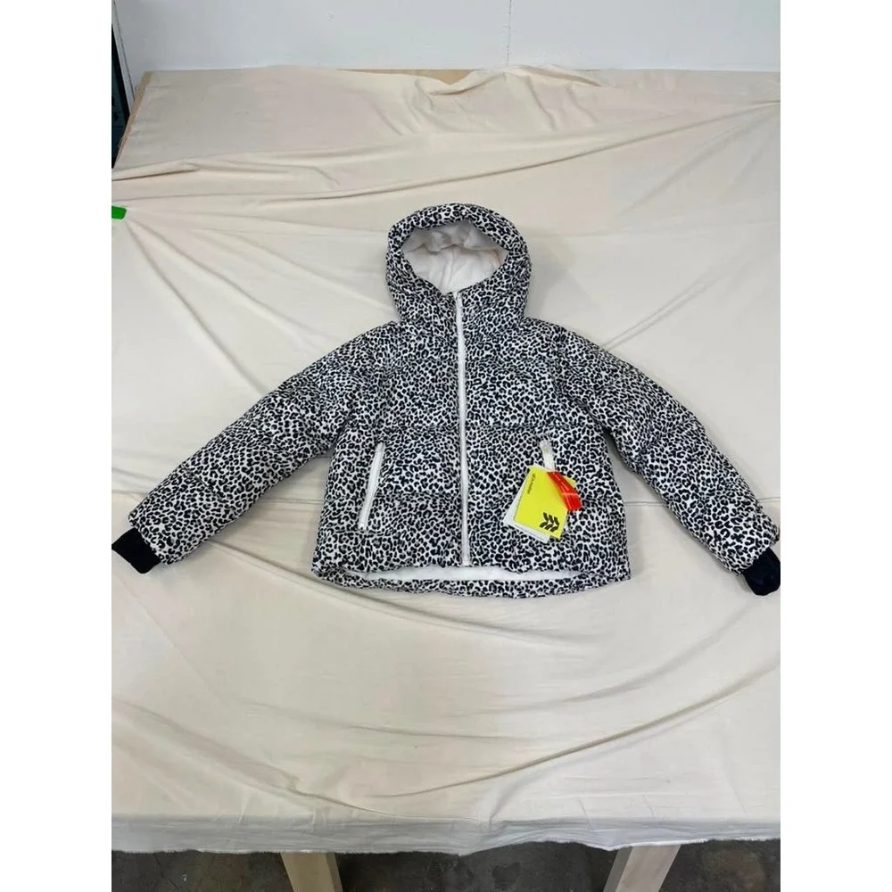 All in Motion Girls Leopard Print Puffer Jacket Hooded Winter Coat White Black M